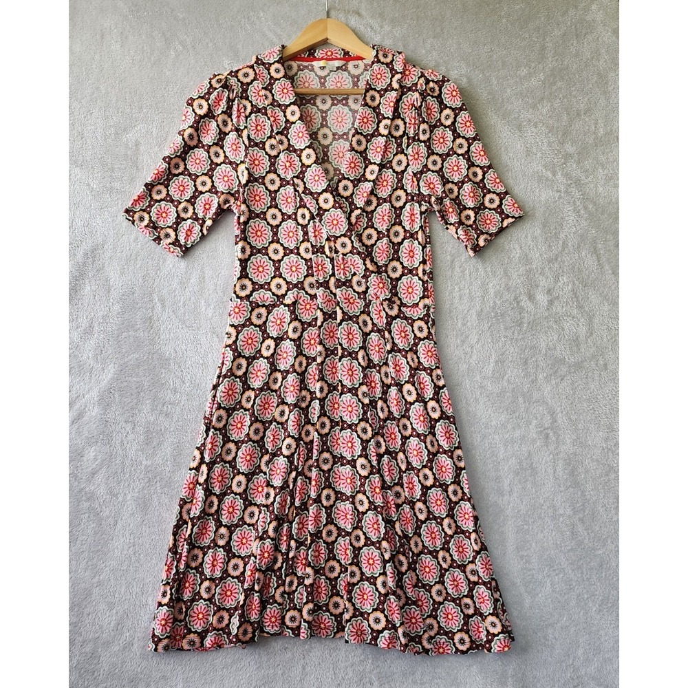 Boden Dress Size 8 Colorful Retro Flowers Jersey Knit Pockets Shawl Collar 8R